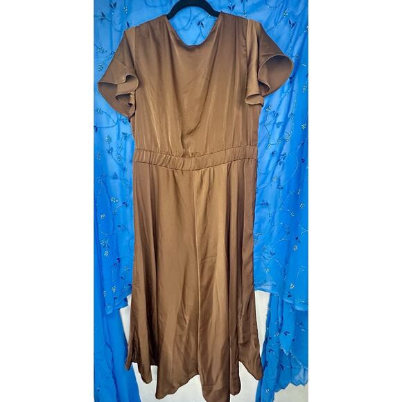 Miduo Women’s Satin V Neck Ruffle Short Sleeve Brown Tie Dress XXL - Picture 5 of 7